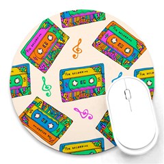 Seamless Pattern With Colorfu Cassettes Hippie Style Doodle Musical Texture Wrapping Fabric Vector Round Mousepads by Amaryn4rt