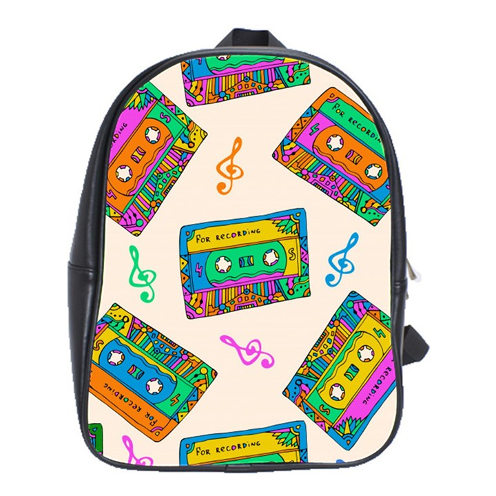 Seamless Pattern With Colorfu Cassettes Hippie Style Doodle Musical Texture Wrapping Fabric Vector School Bag (Large)