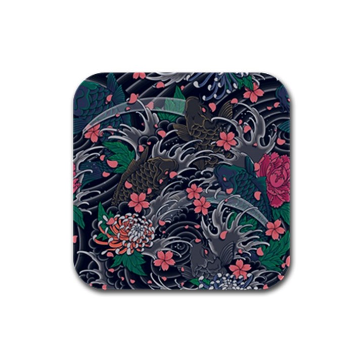 Japanese Wave Koi Illustration Seamless Pattern Rubber Square Coaster (4 pack) 