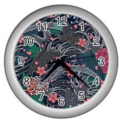 Japanese Wave Koi Illustration Seamless Pattern Wall Clock (silver) by Amaryn4rt