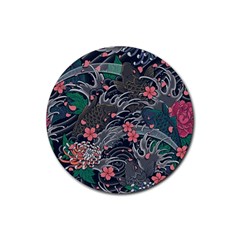 Japanese Wave Koi Illustration Seamless Pattern Rubber Coaster (round)  by Amaryn4rt