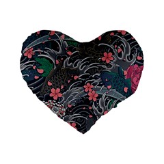 Japanese Wave Koi Illustration Seamless Pattern Standard 16  Premium Heart Shape Cushions