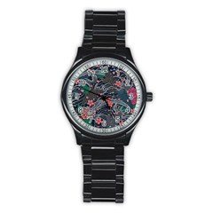 Japanese Wave Koi Illustration Seamless Pattern Stainless Steel Round Watch by Amaryn4rt