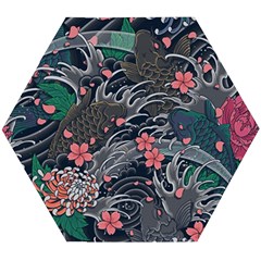 Japanese Wave Koi Illustration Seamless Pattern Wooden Puzzle Hexagon by Amaryn4rt