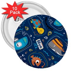 Seamless Pattern Vector Submarine With Sea Animals Cartoon 3  Buttons (10 Pack)  by Amaryn4rt