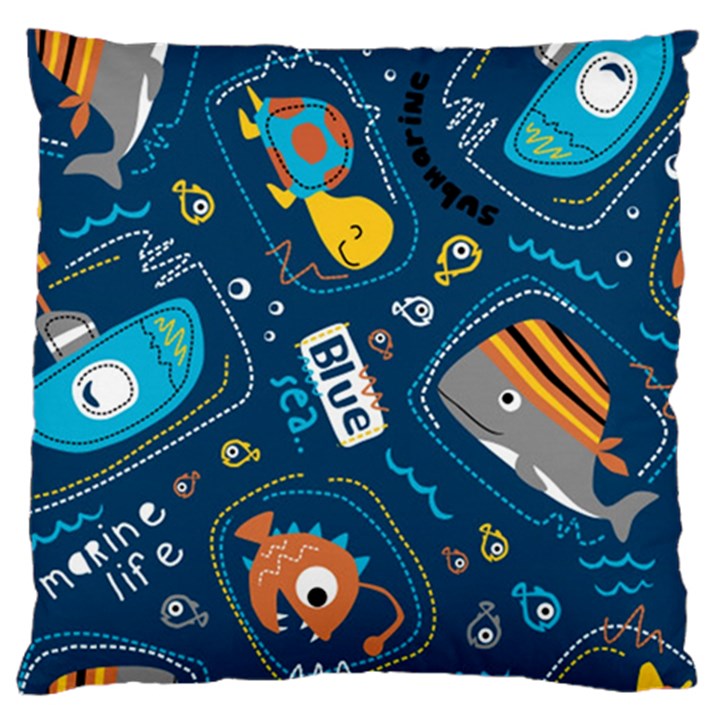 Seamless Pattern Vector Submarine With Sea Animals Cartoon Large Cushion Case (Two Sides)