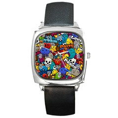 Graffiti Characters Seamless Pattern Square Metal Watch by Amaryn4rt