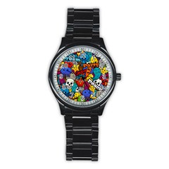 Graffiti Characters Seamless Pattern Stainless Steel Round Watch by Amaryn4rt