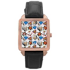 Full Color Flash Tattoo Patterns Rose Gold Leather Watch  by Amaryn4rt