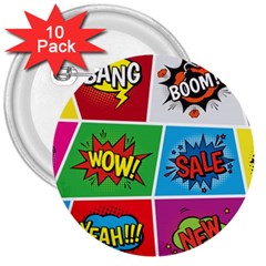 Pop Art Comic Vector Speech Cartoon Bubbles Popart Style With Humor Text Boom Bang Bubbling Expressi 3  Buttons (10 Pack)  by Amaryn4rt