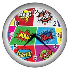 Pop Art Comic Vector Speech Cartoon Bubbles Popart Style With Humor Text Boom Bang Bubbling Expressi Wall Clock (silver) by Amaryn4rt