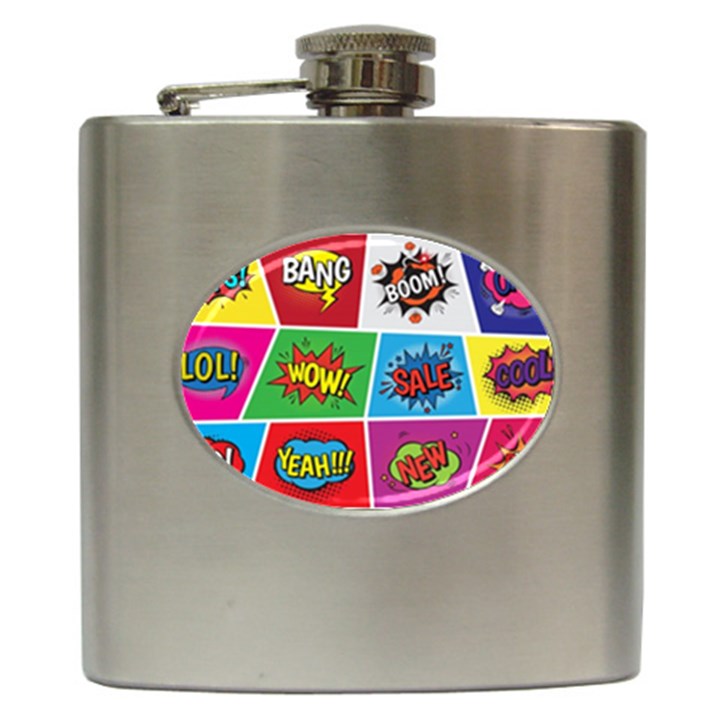 Pop Art Comic Vector Speech Cartoon Bubbles Popart Style With Humor Text Boom Bang Bubbling Expressi Hip Flask (6 oz)