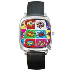 Pop Art Comic Vector Speech Cartoon Bubbles Popart Style With Humor Text Boom Bang Bubbling Expressi Square Metal Watch by Amaryn4rt