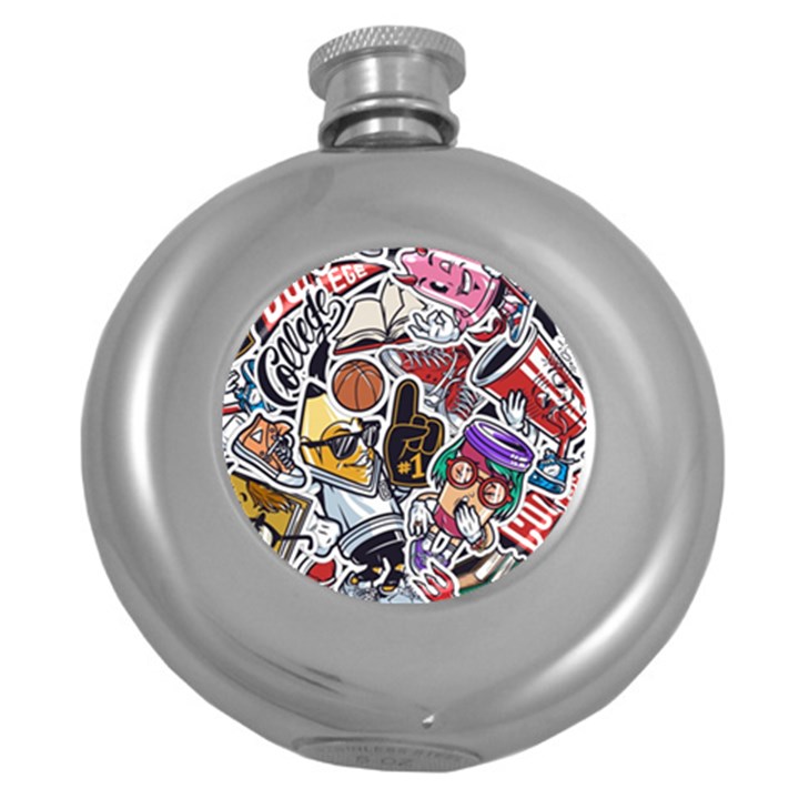 Vintage College Colorful Seamless Pattern Round Hip Flask (5 oz)