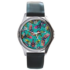 Vintage Colorful Insects Seamless Pattern Round Metal Watch by Amaryn4rt