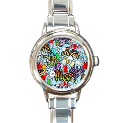 Graffiti Characters Seamless Pattern Round Italian Charm Watch