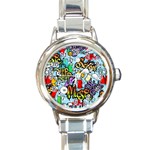 Graffiti Characters Seamless Pattern Round Italian Charm Watch Front