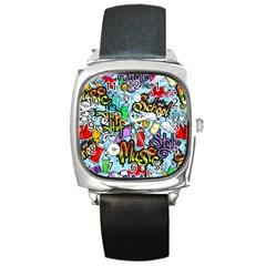 Graffiti Characters Seamless Pattern Square Metal Watch