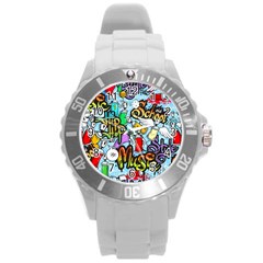 Graffiti Characters Seamless Pattern Round Plastic Sport Watch (L)