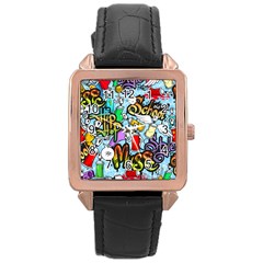 Graffiti Characters Seamless Pattern Rose Gold Leather Watch 