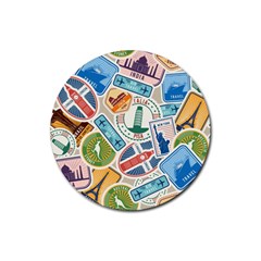 Travel Pattern Immigration Stamps Stickers With Historical Cultural Objects Travelling Visa Immigrant Rubber Coaster (round)  by Amaryn4rt