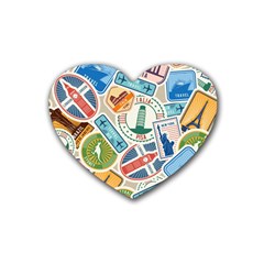 Travel Pattern Immigration Stamps Stickers With Historical Cultural Objects Travelling Visa Immigrant Heart Coaster (4 Pack)  by Amaryn4rt