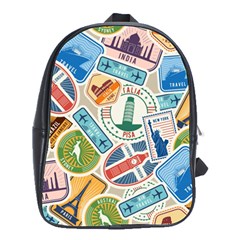 Travel Pattern Immigration Stamps Stickers With Historical Cultural Objects Travelling Visa Immigrant School Bag (large) by Amaryn4rt