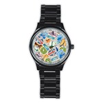 Travel Pattern Immigration Stamps Stickers With Historical Cultural Objects Travelling Visa Immigrant Stainless Steel Round Watch Front