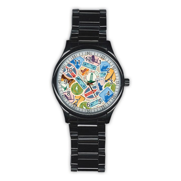 Travel Pattern Immigration Stamps Stickers With Historical Cultural Objects Travelling Visa Immigrant Stainless Steel Round Watch