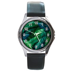 Tropical Green Leaves Background Round Metal Watch by Amaryn4rt