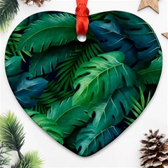 Tropical Green Leaves Background Ornament (heart)