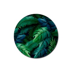 Tropical Green Leaves Background Rubber Coaster (round)  by Amaryn4rt