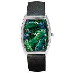 Tropical Green Leaves Background Barrel Style Metal Watch by Amaryn4rt