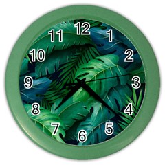 Tropical Green Leaves Background Color Wall Clock by Amaryn4rt