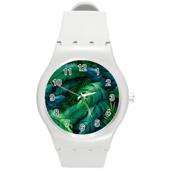 Tropical Green Leaves Background Round Plastic Sport Watch (m) by Amaryn4rt