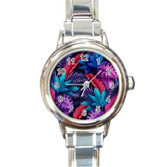 Background With Violet Blue Tropical Leaves Round Italian Charm Watch by Amaryn4rt