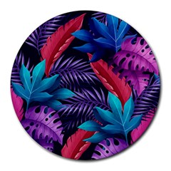 Background With Violet Blue Tropical Leaves Round Mousepads