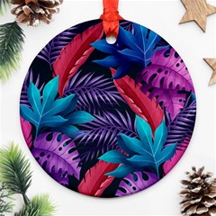 Background With Violet Blue Tropical Leaves Ornament (round) by Amaryn4rt