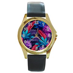 Background With Violet Blue Tropical Leaves Round Gold Metal Watch by Amaryn4rt