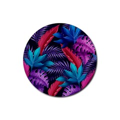 Background With Violet Blue Tropical Leaves Rubber Round Coaster (4 Pack)  by Amaryn4rt