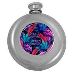 Background With Violet Blue Tropical Leaves Round Hip Flask (5 Oz) by Amaryn4rt