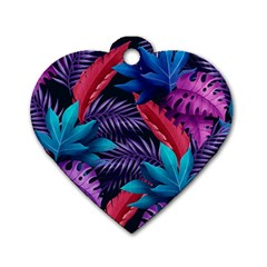 Background With Violet Blue Tropical Leaves Dog Tag Heart (one Side) by Amaryn4rt