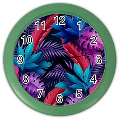 Background With Violet Blue Tropical Leaves Color Wall Clock by Amaryn4rt