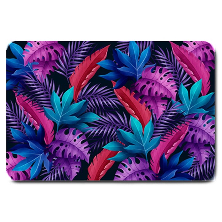 Background With Violet Blue Tropical Leaves Large Doormat 