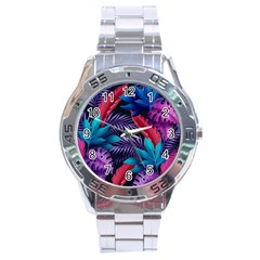 Background With Violet Blue Tropical Leaves Stainless Steel Analogue Watch by Amaryn4rt