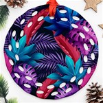 Background With Violet Blue Tropical Leaves Round Filigree Ornament (Two Sides) Front