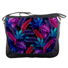 Background With Violet Blue Tropical Leaves Messenger Bag by Amaryn4rt