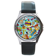 Comic Elements Colorful Seamless Pattern Round Metal Watch