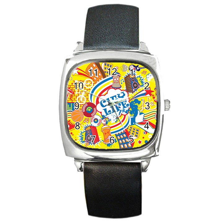 Colorful City Life Horizontal Seamless pattern Urban City Square Metal Watch