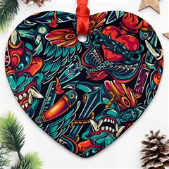 Vintage Tattoos Colorful Seamless Pattern Heart Ornament (two Sides) by Amaryn4rt